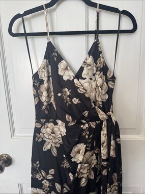 NWT Express Black Floral Midi Wrap Dress with Cream & Brown Flowers